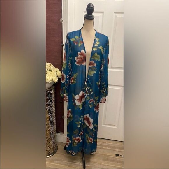 Agua Bendita Blue and Green peacock  print Kimono, one size - Picture 2 of 9